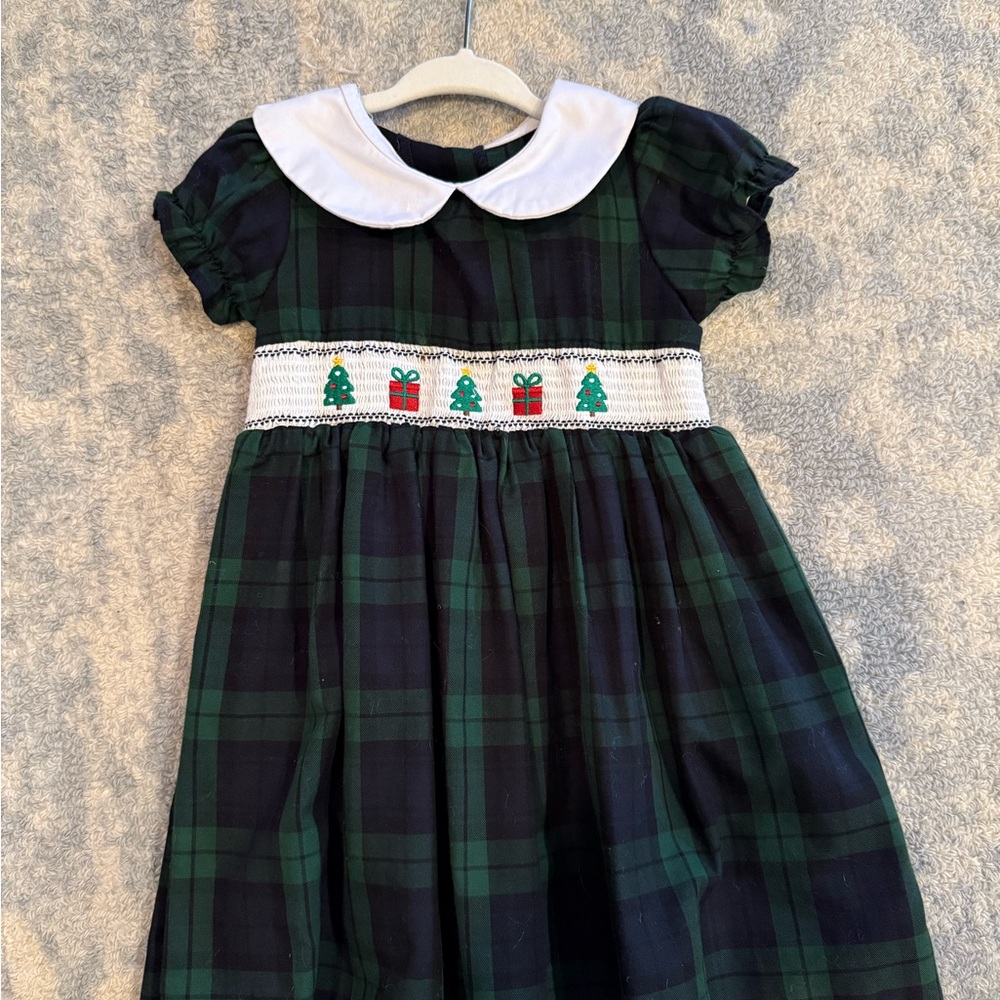 Green Plaid Dress with Christmas Embroidery 3t